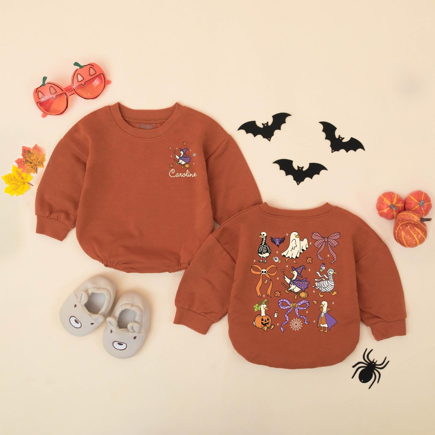 Personalized Whimsical Halloween Goose Bubble Romper with Witch Mummy Skeleton, Caroline Name, Orange Purple Bat Pumpkin Spooky Baby Toddler Outfit