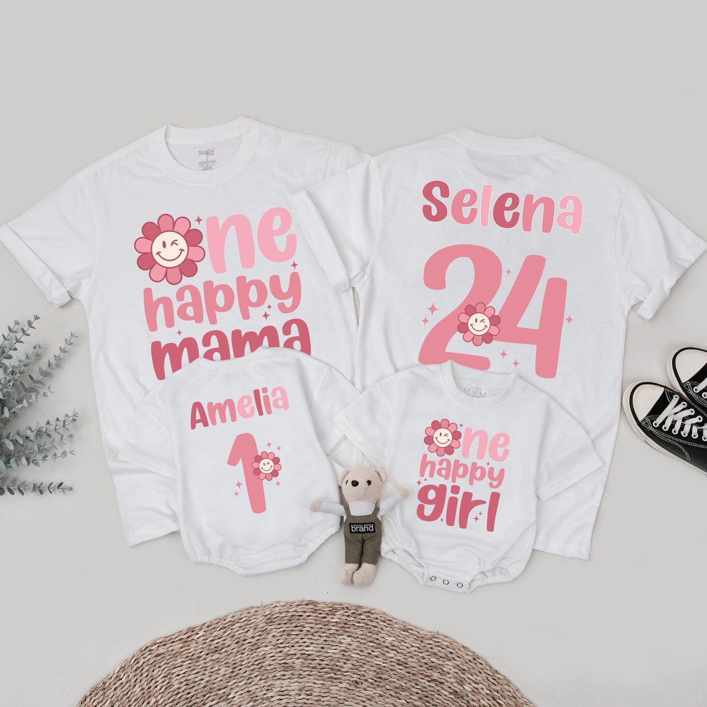 Personalized One Happy Girl First Birthday Shirt Matching Family Mama Tee Retro Pink Daisy Outfit with Smiley Face Starburst Design