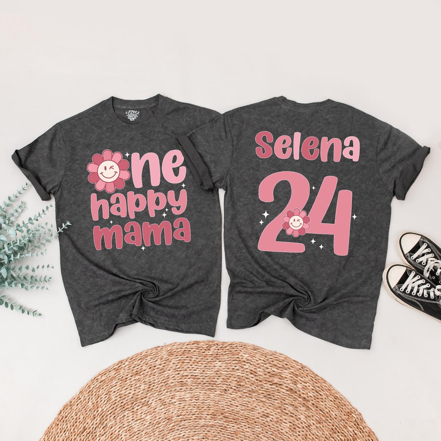 Personalized One Happy Girl First Birthday Shirt Matching Family Mama Tee Retro Pink Daisy Outfit with Smiley Face Starburst Design