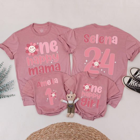 Personalized One Happy Girl First Birthday Shirt Matching Family Mama Tee Retro Pink Daisy Outfit with Smiley Face Starburst Design