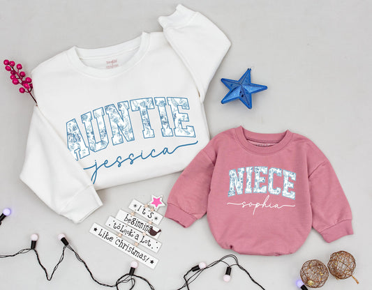 Blue Floral Auntie & Niece Matching Sweaters Set, Vintage Style Baby Romper, Custom Name Family Outfits, Cute Toddler Gift, Chinoiserie Jessica Sophia (139)