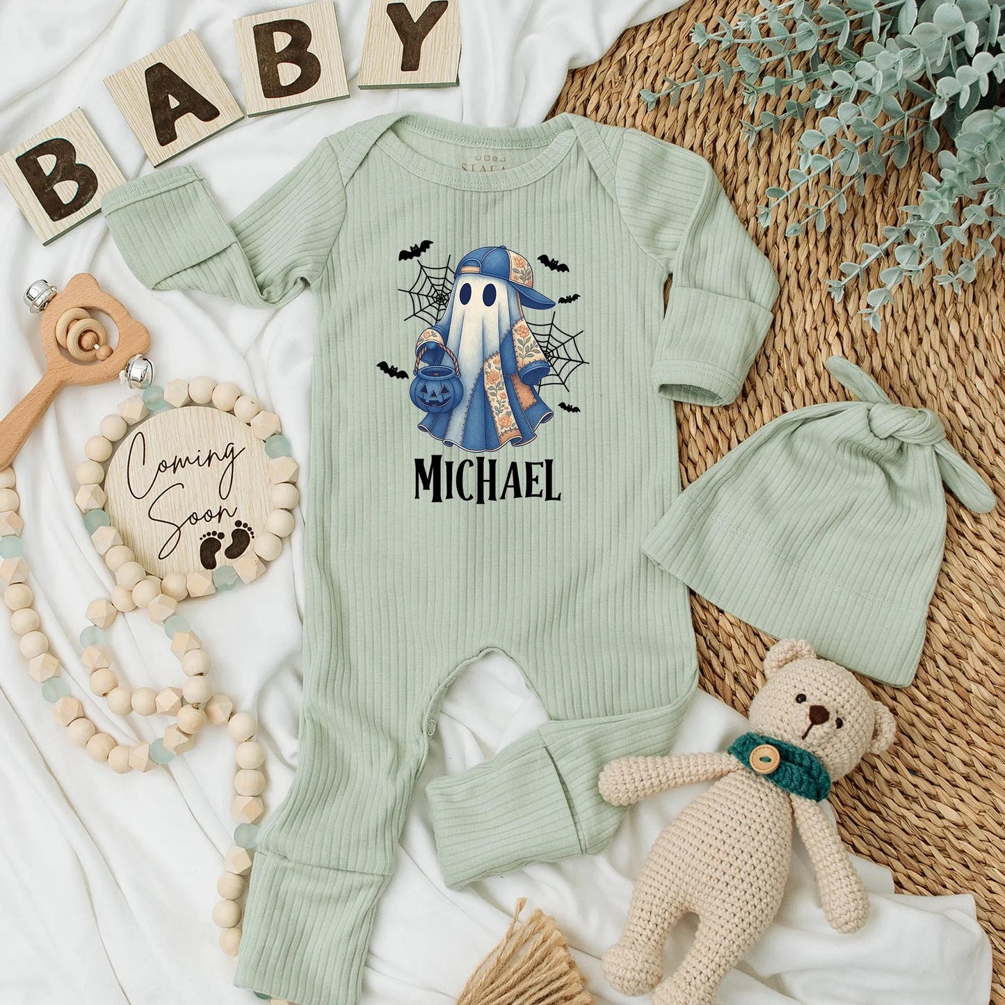 Personalized Michael Ghost Halloween Baby Bodysuit Vintage Blue Cap Boo Romper Spooky Baby Shower Gift Coming Home Outfit Cotton Comfort