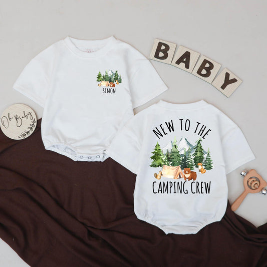 Personalized 'New to the Camping Crew' Baby Romper, Custom Boy Summer Outfit with Trees, Tent & Animals, Baby's First Camping Trip Gift