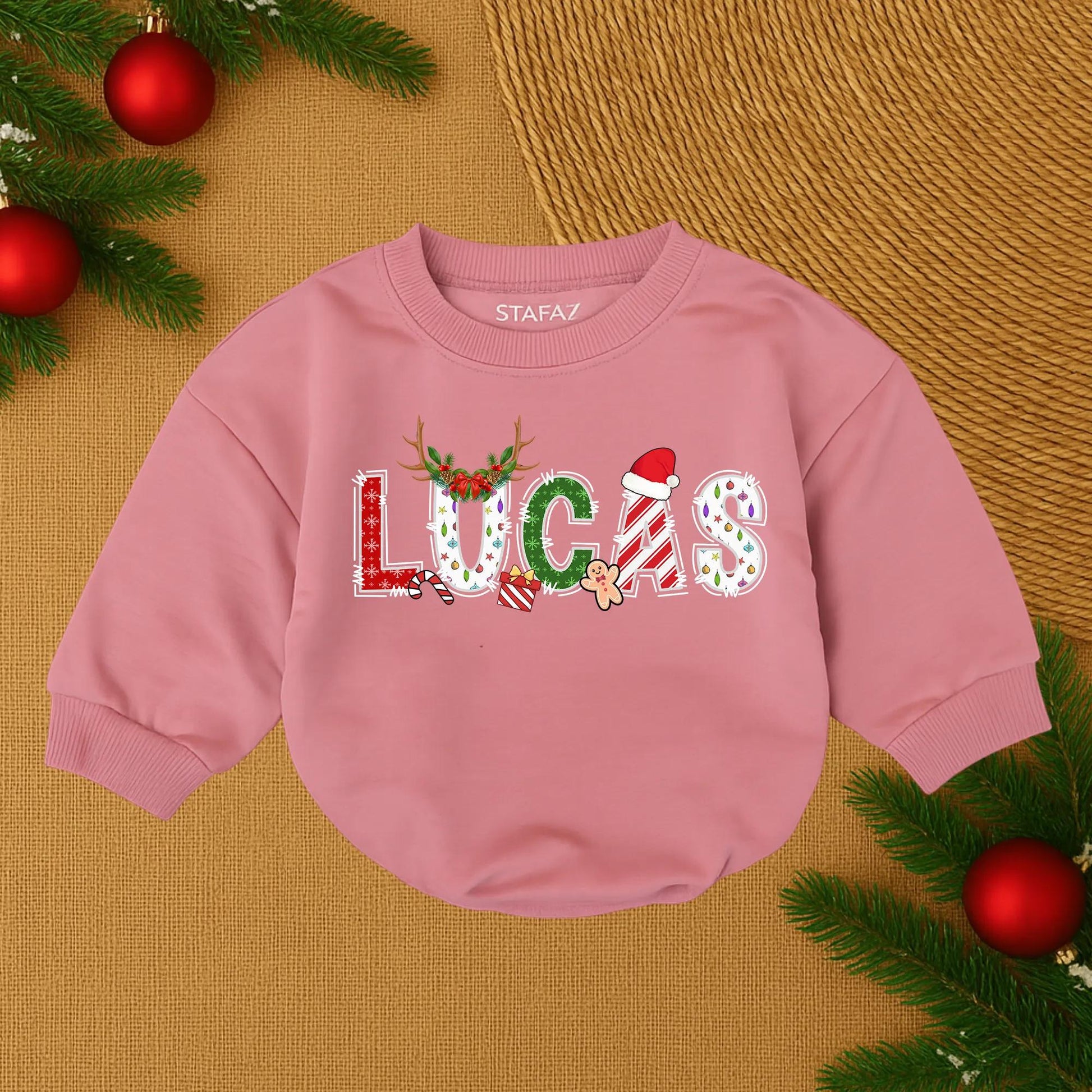 Lucas' 1st Christmas Romper: Festive Baby's First Christmas Outfit, Holiday Name Design Newborn Romper, Candy Cane, Gingerbread Man, Reindeer Antlers, Cozy