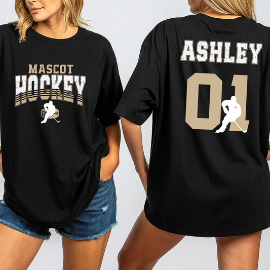 Personalized Hockey Mom Sweatshirt: Custom Team Name & Number, Varsity Style, Game Day Apparel, Ashley 01, Hockey Player Silhouette Design, Gold Graphics