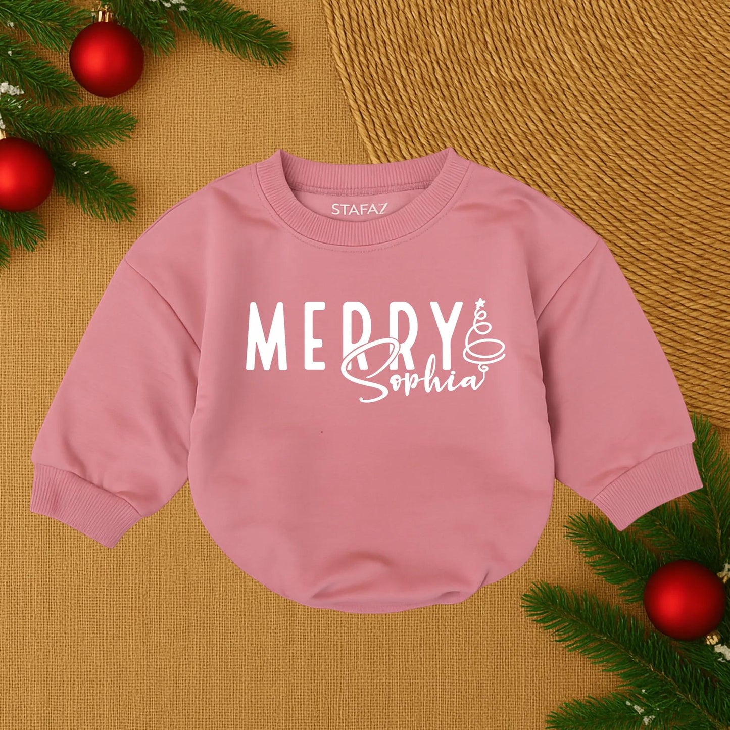 Custom Merry Sophia Christmas Baby Romper, First Christmas Outfit, Personalized Holiday Baby Bubble, Santa Baby Clothes