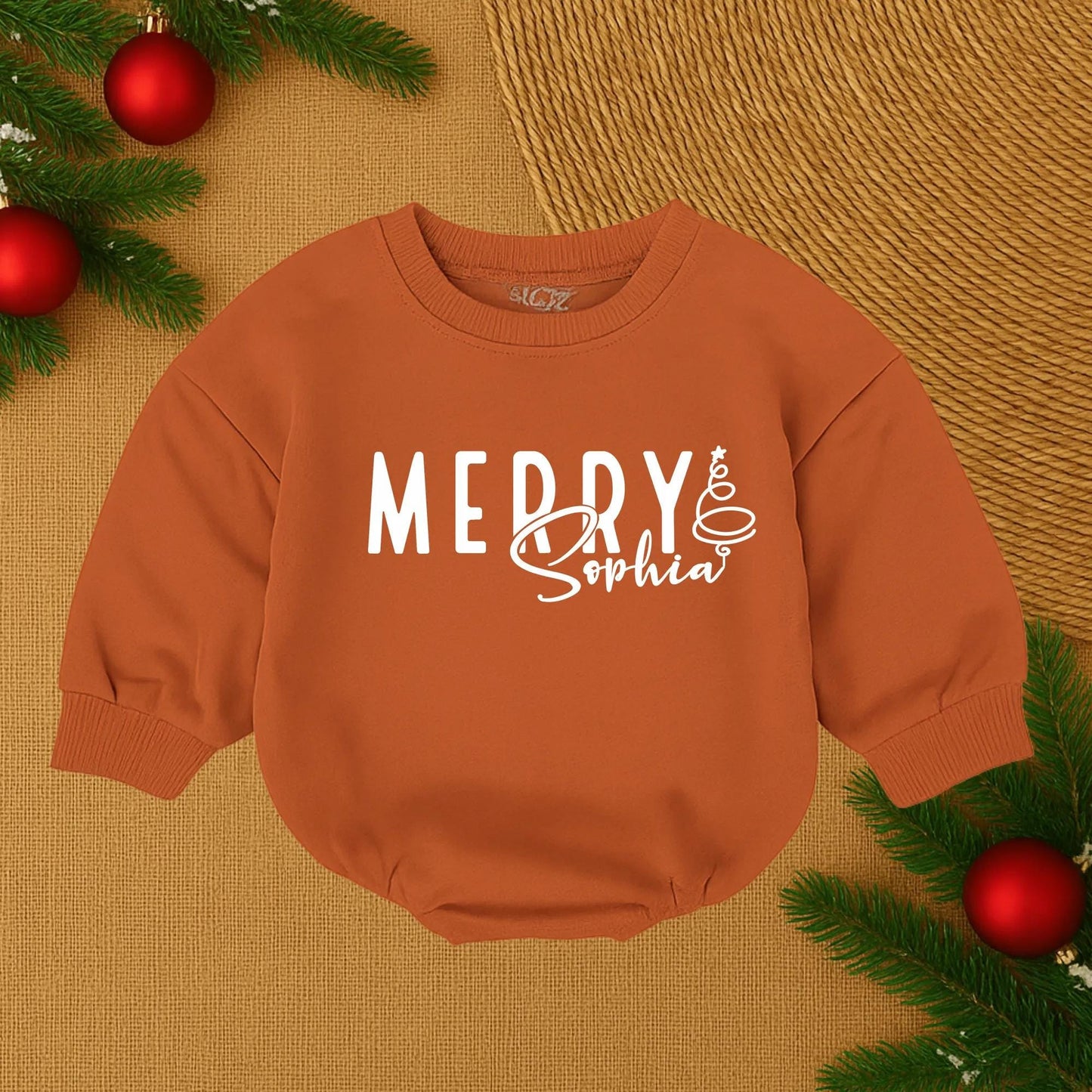 Custom Merry Sophia Christmas Baby Romper, First Christmas Outfit, Personalized Holiday Baby Bubble, Santa Baby Clothes