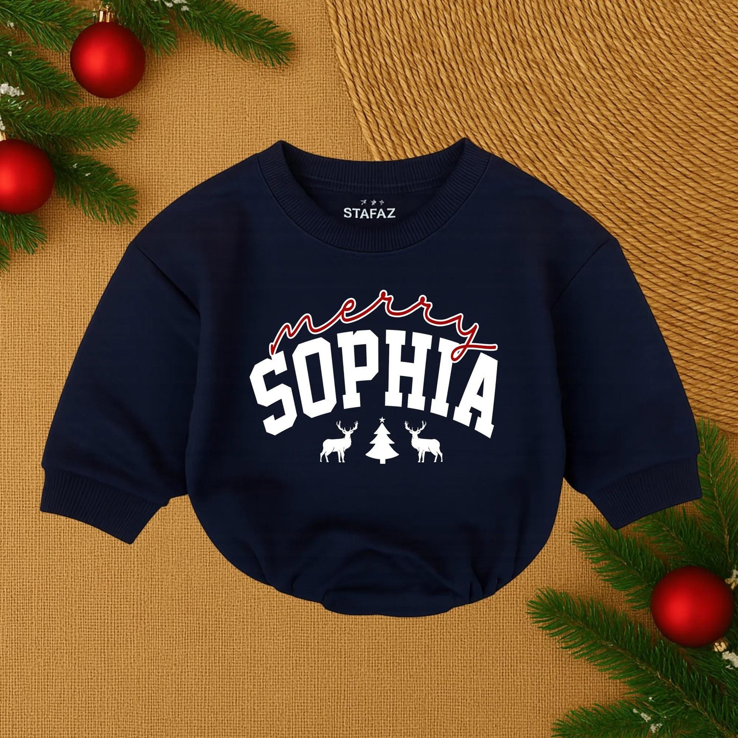 Custom Merry Christmas SOPHIA Baby Romper, Festive Deer Tree Design, Personalized Holiday Outfit, Soft Cotton Clothes for Girl, Santa Baby Gift 1st Xmas (139)