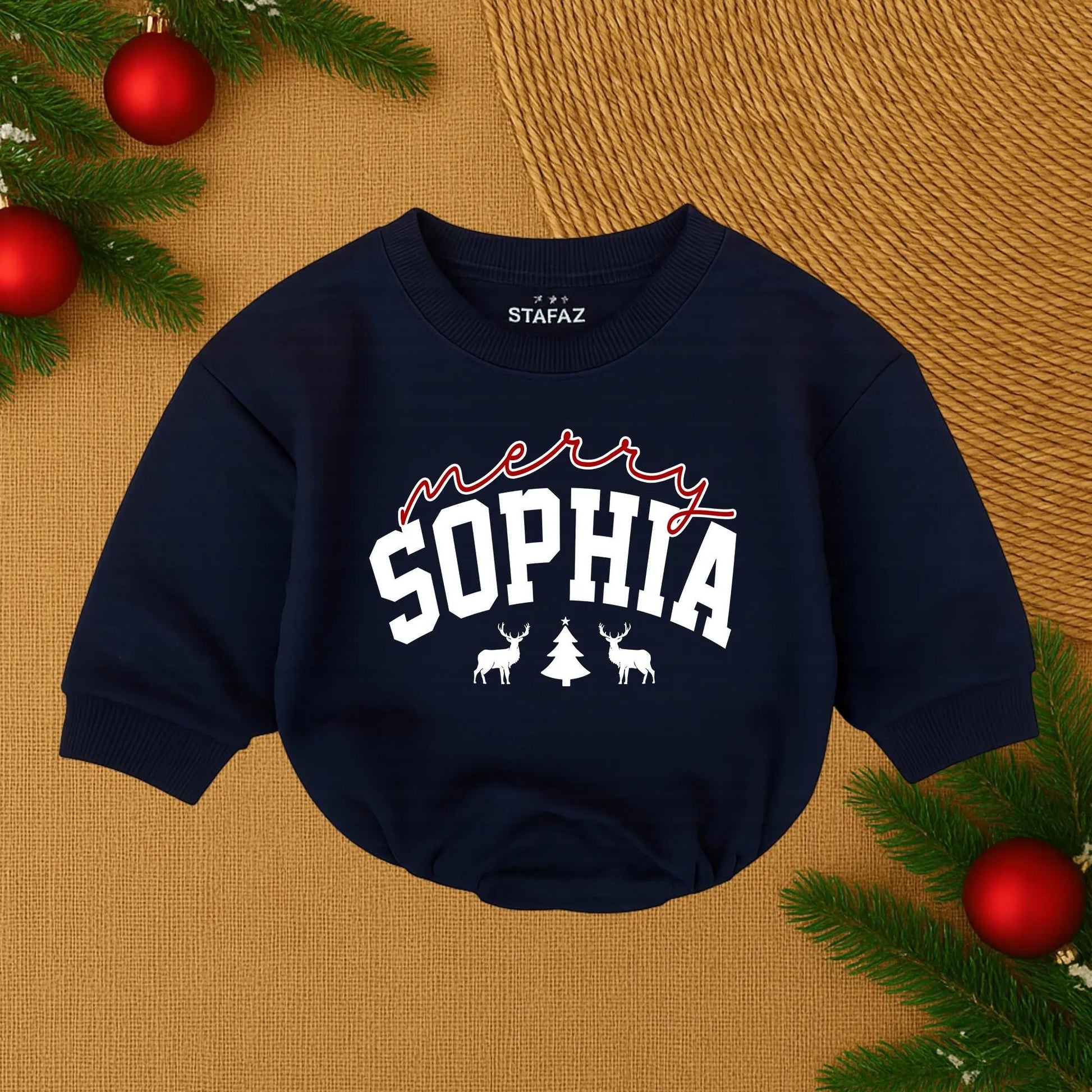 Custom Merry Christmas SOPHIA Baby Romper, Festive Deer Tree Design, Personalized Holiday Outfit, Soft Cotton Clothes for Girl, Santa Baby Gift 1st Xmas (139)