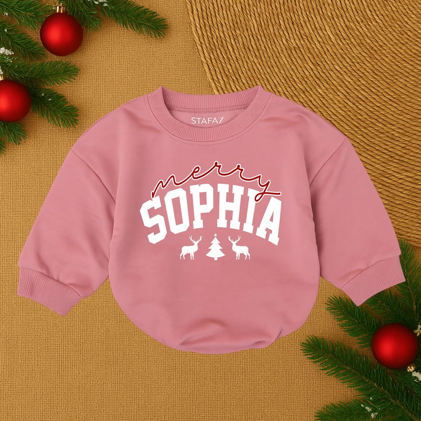 Custom Merry Christmas SOPHIA Baby Romper, Festive Deer Tree Design, Personalized Holiday Outfit, Soft Cotton Clothes for Girl, Santa Baby Gift 1st Xmas (139)