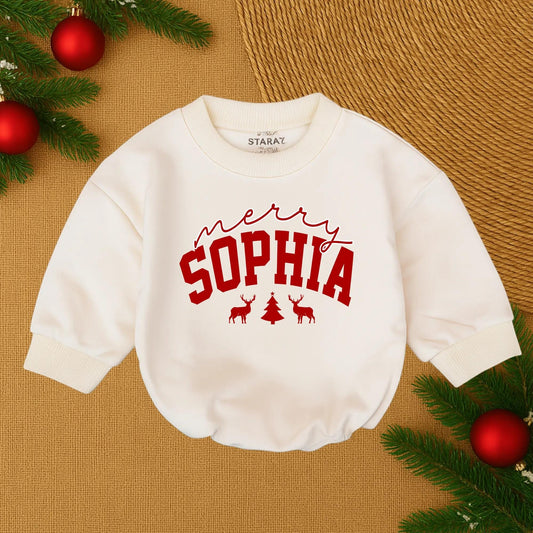 Custom Merry Christmas SOPHIA Baby Romper, Festive Deer Tree Design, Personalized Holiday Outfit, Soft Cotton Clothes for Girl, Santa Baby Gift 1st Xmas (139)