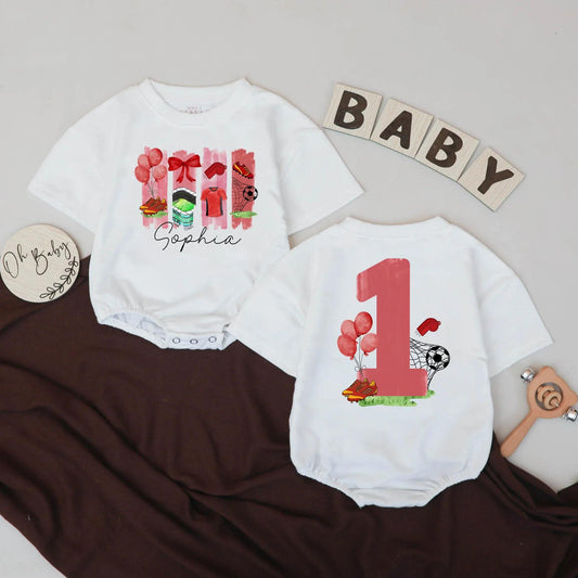 Sophia's Soccer Bow Bubble Romper Custom 1st Birthday Outfit Baby Girls Game Day Sports Party Gift Red Balloons Stadium Jersey