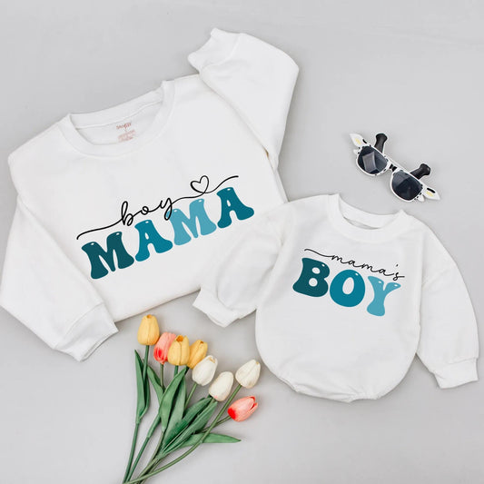 Mommy and Me Matching Boy Mama Sweatshirts Mama's Boy Teal Turquoise Heart Mother Son Outfit Playful Modern Mother's Day Gift