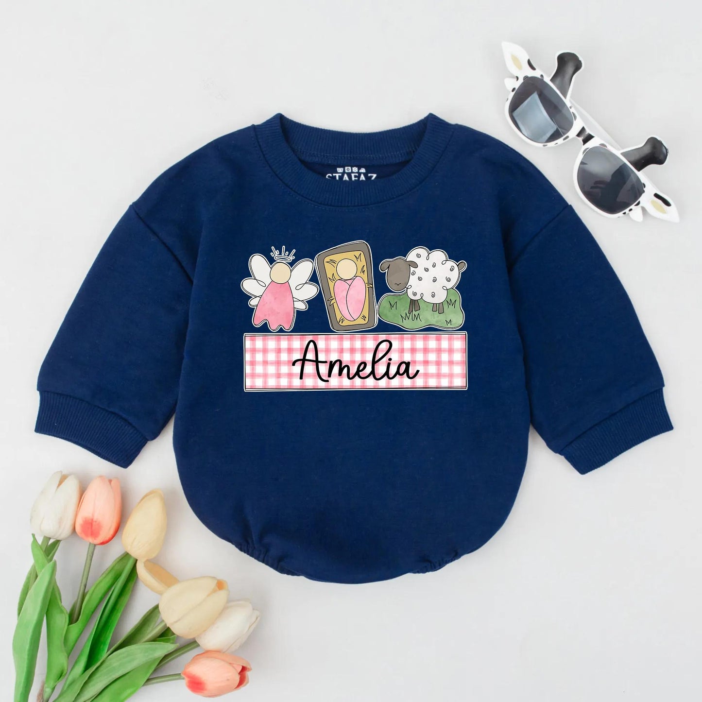 Custom Amelia Name Nativity Romper Baby Jesus Manger Sheep Christmas Infant Bodysuit Christian Holiday Announcement Newborn Clothes