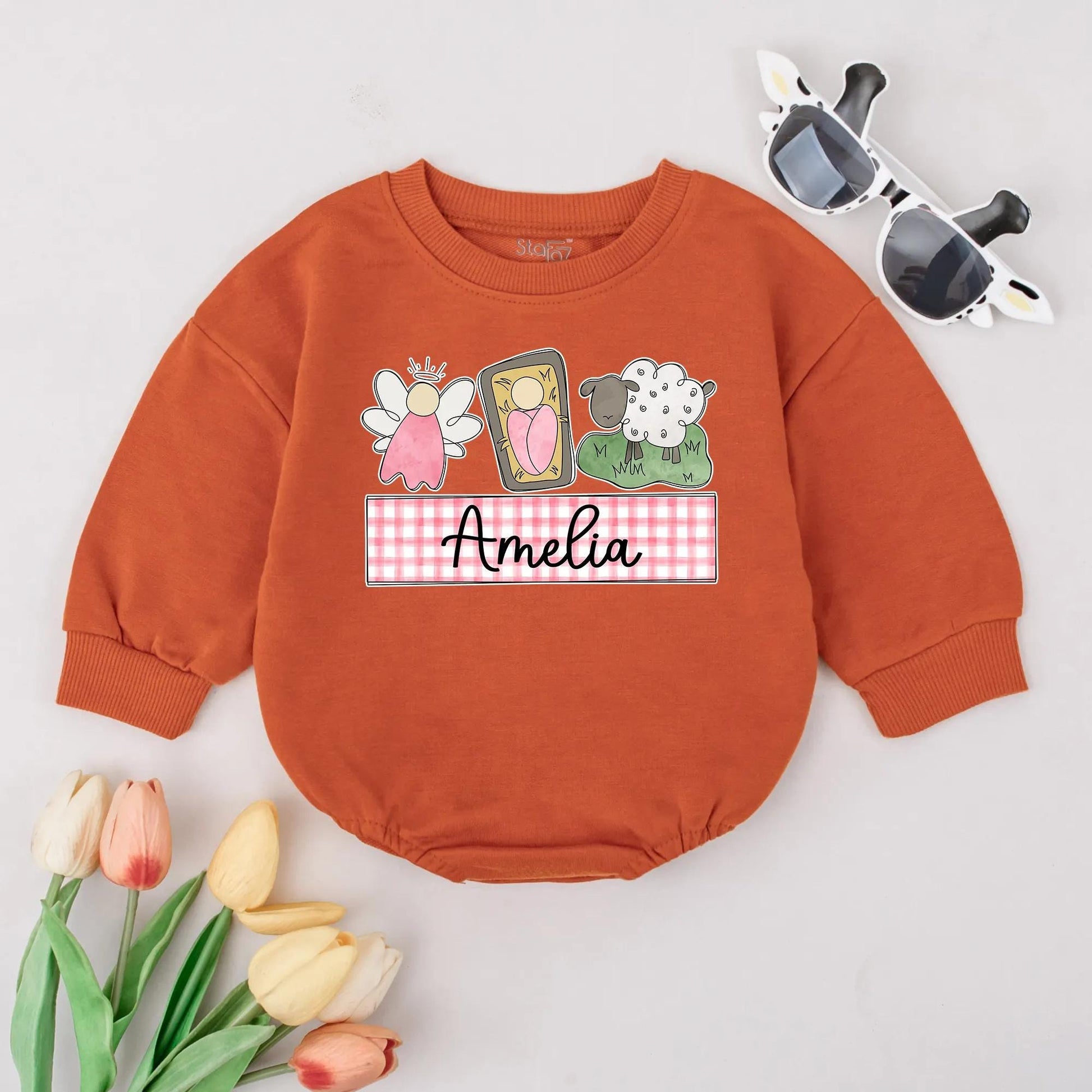 Custom Amelia Name Nativity Romper Baby Jesus Manger Sheep Christmas Infant Bodysuit Christian Holiday Announcement Newborn Clothes