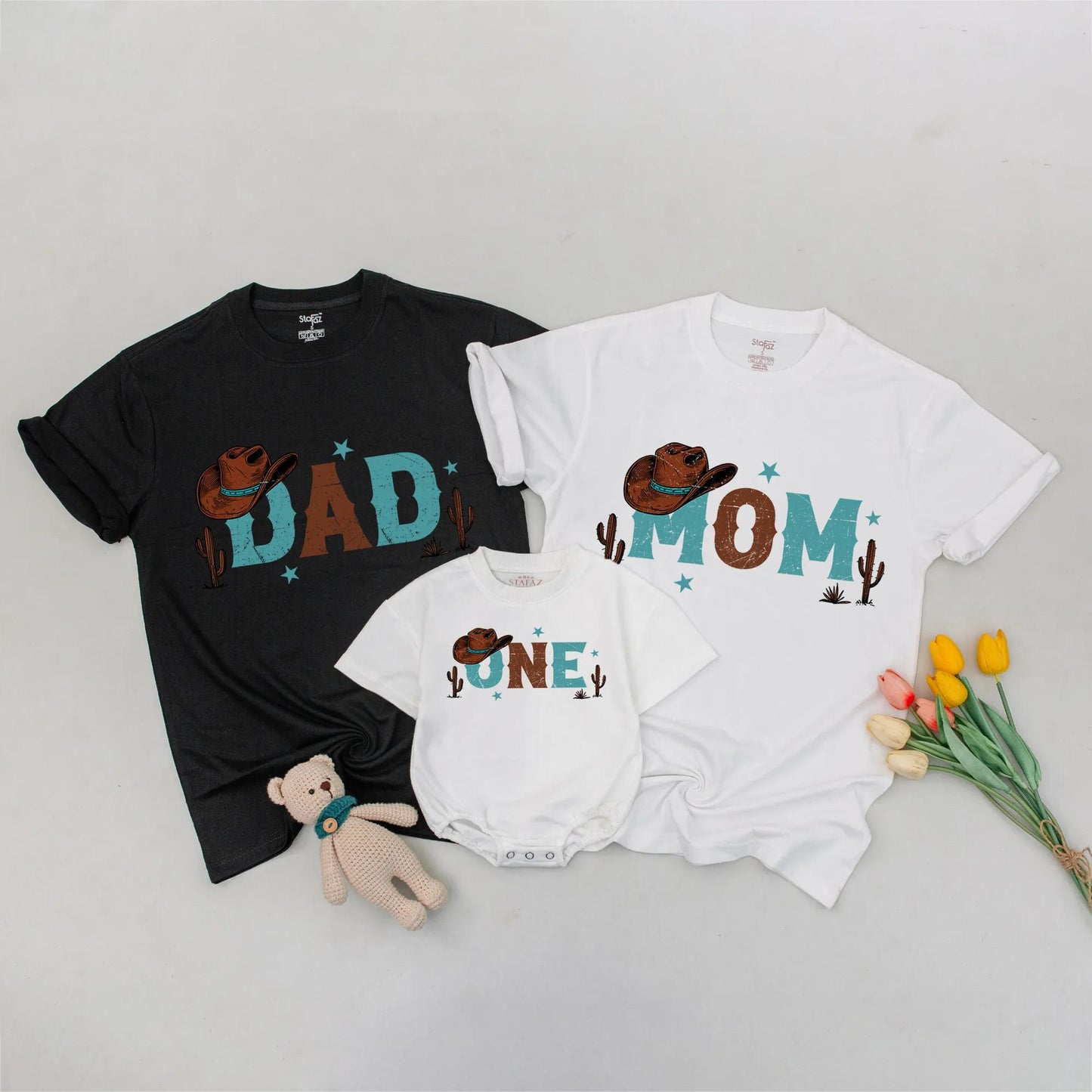 First Rodeo Cowboy Birthday Matching Family Shirts for Mom Dad One Year Old Boy Western Bday Outfit with Cactus & Star Accents