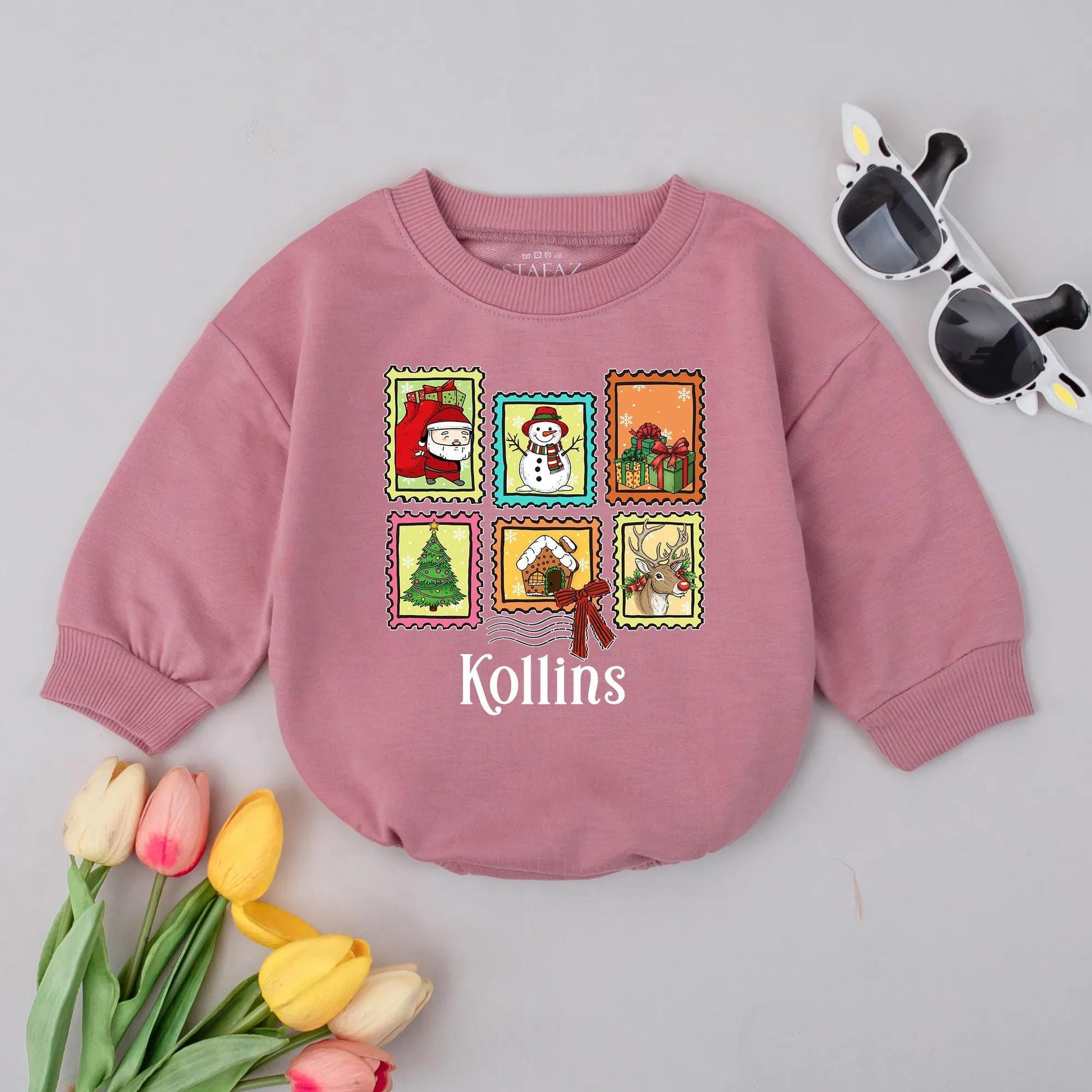 Kollins Personalized Christmas Stamps Baby Romper, Custom First Christmas Outfit with Santa, Snowman & Reindeer, Xmas Baby Gift, Winter Holiday Bodysuit