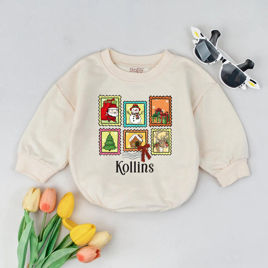 Kollins Personalized Christmas Stamps Baby Romper, Custom First Christmas Outfit with Santa, Snowman & Reindeer, Xmas Baby Gift, Winter Holiday Bodysuit