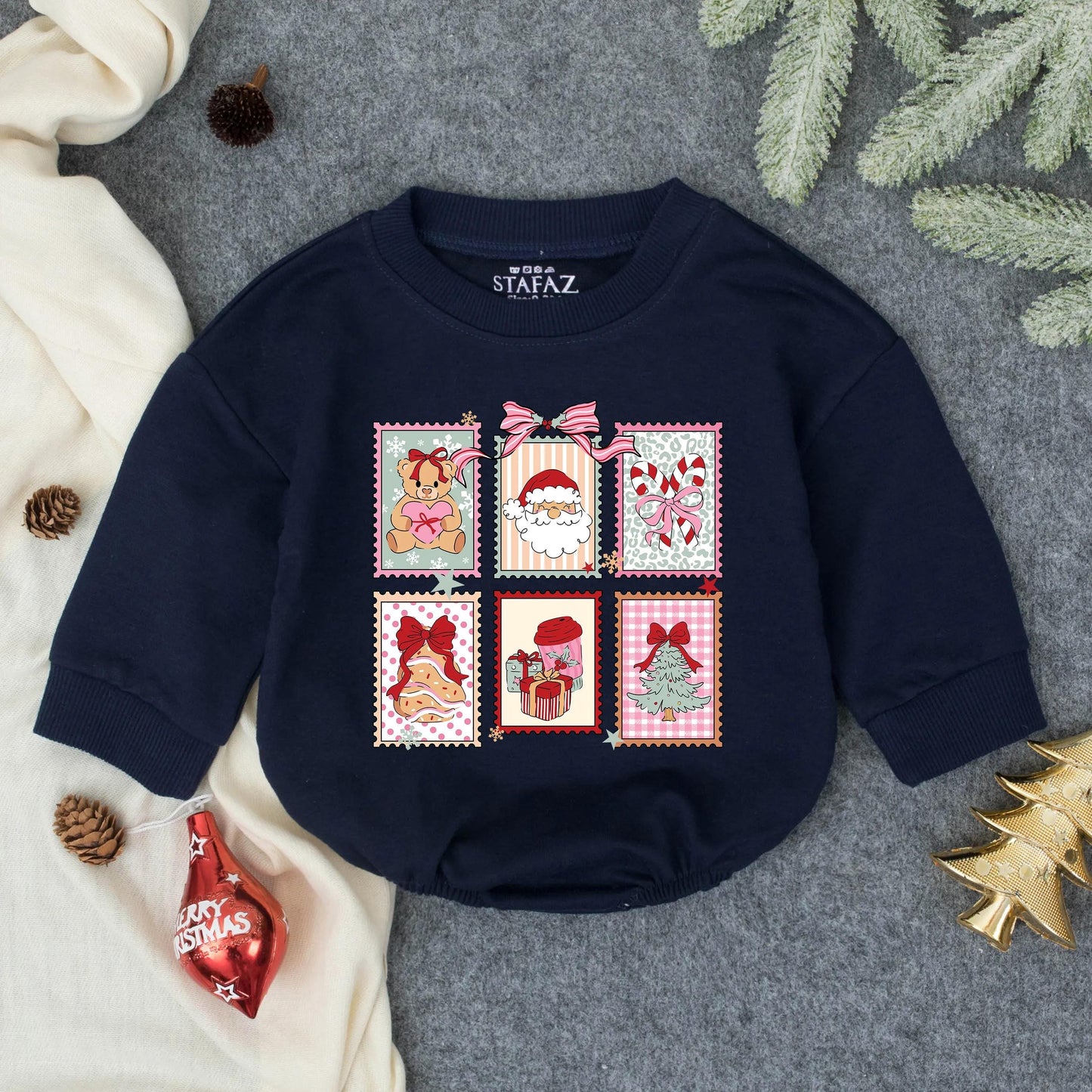 Baby Christmas Bubble Romper with Santa Gingerbread Festive Stamp Art Design Pastel Scalloped Patterns Newborn Holiday Infant Gift Outfit