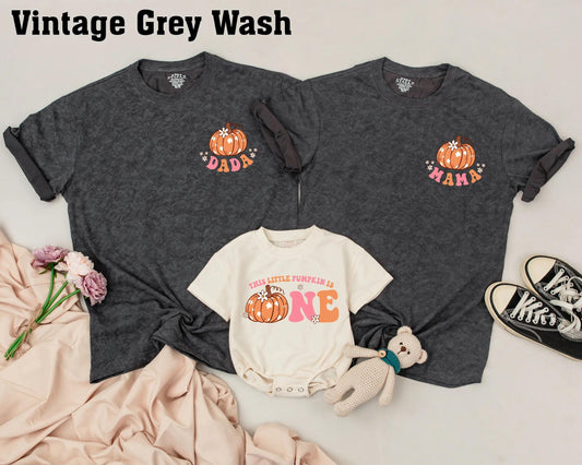 Matching Family Pumpkin First Birthday Shirts Retro Fall Outfit, Baby Girl Boy One, Peach Orange Floral Design