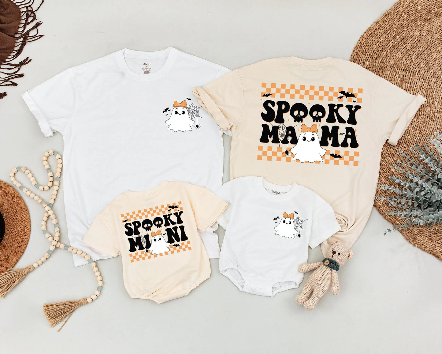 Spooky Mama & Mini Matching Halloween Shirts Cute Ghost Outfit Personalized Family Tees Orange Checkered Retro Style Mommy and Me Costume Party Shirt