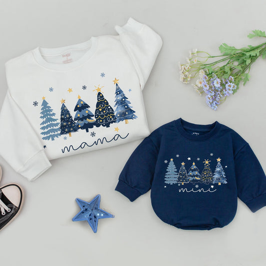 Matching Family Christmas Tree Sweatshirts | Retro Holiday Sweaters for Mama, Dada, Mini, and Baby | Blue & Gold Festive Apparel