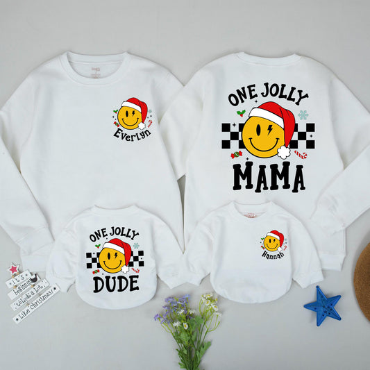 One Jolly Mama Christmas Sweatshirt with Smiley Santa! Matching Family Holiday Sweaters, Custom Name Gift for New Mom, Retro Checkered Xmas Outfit