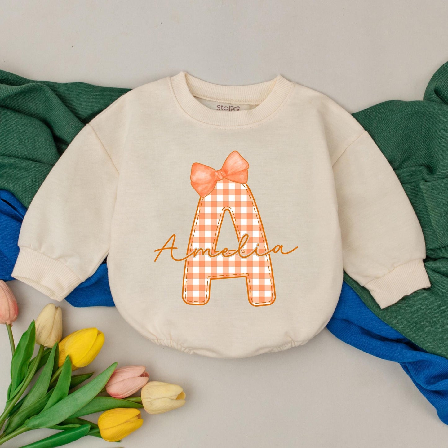 Personalized Name Initial Baby Girl Plaid A Amelia Thanksgiving Bubble Romper Cute Orange Fall Birthday Toddler Bodysuit Outfit Shower Gift
