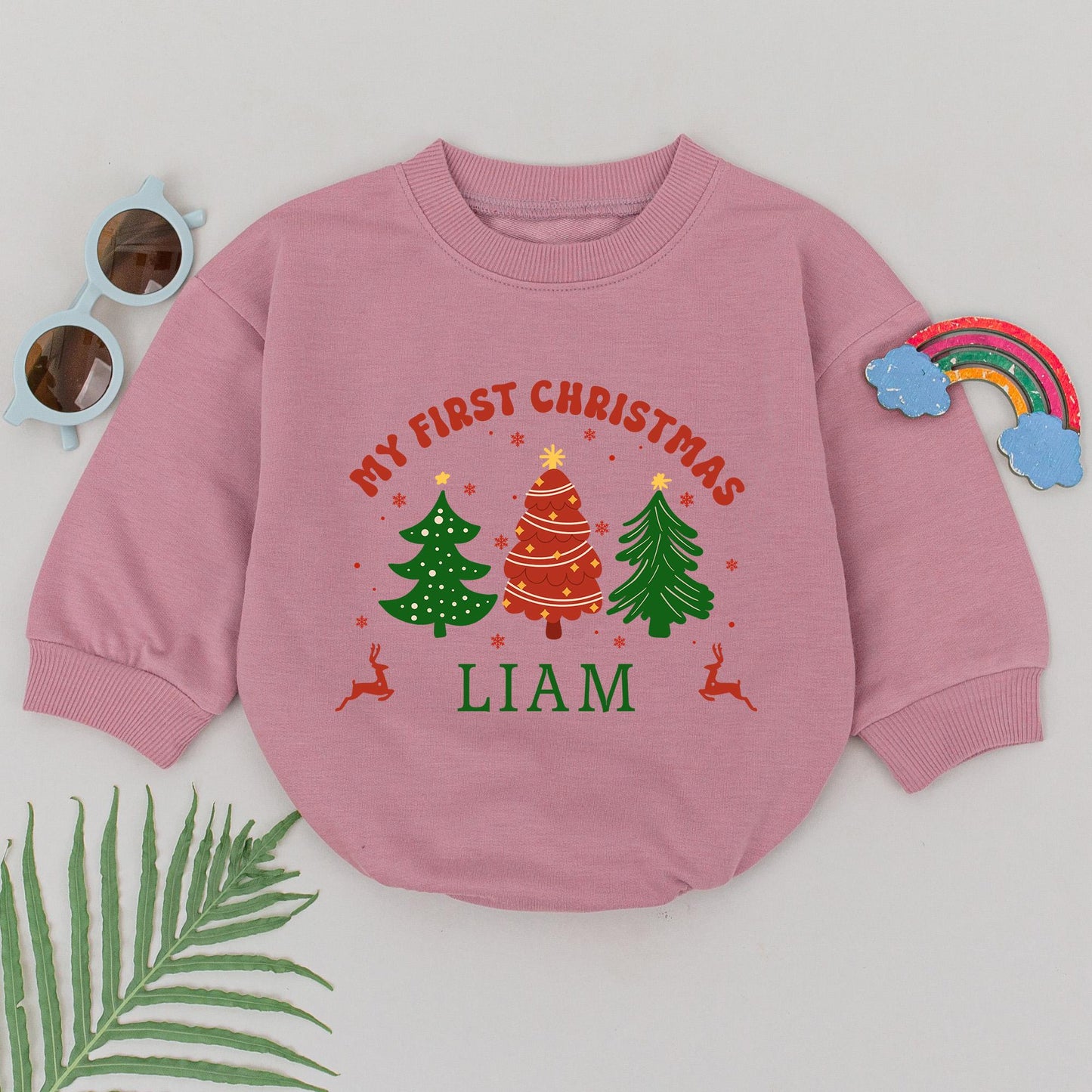 Personalized My First Christmas Baby Romper Name Festive Green Red Trees Reindeer Design Winter 1st Xmas Bodysuit Baby Shower Gift