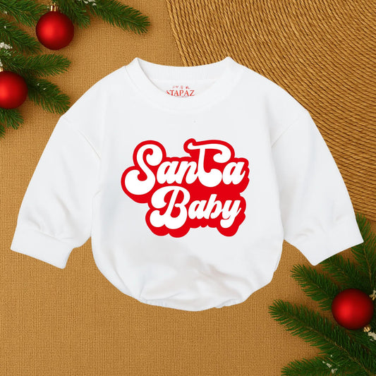 Santa Baby Romper for Baby Girl First Christmas Outfit Retro Red Outline White Text Festive Infant Clothes Newborn Gift