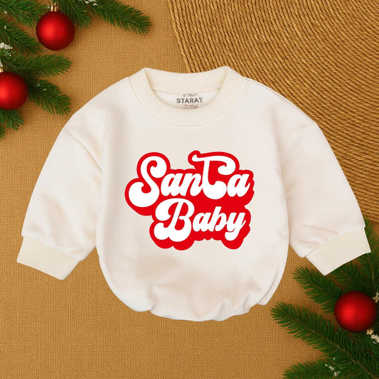 Santa Baby Romper for Baby Girl First Christmas Outfit Retro Red Outline White Text Festive Infant Clothes Newborn Gift