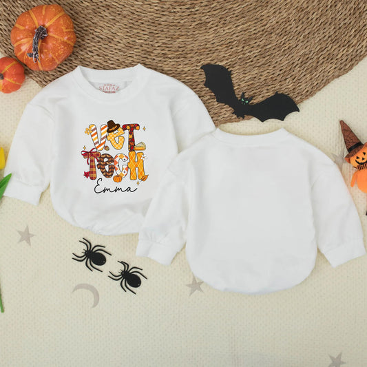 Custom Vet Tech Fall Pattern Bubble Romper Baby Girl Outfit Personalized with Emma, Festive Thanksgiving Bodysuit with Pumpkin Leaf Designs