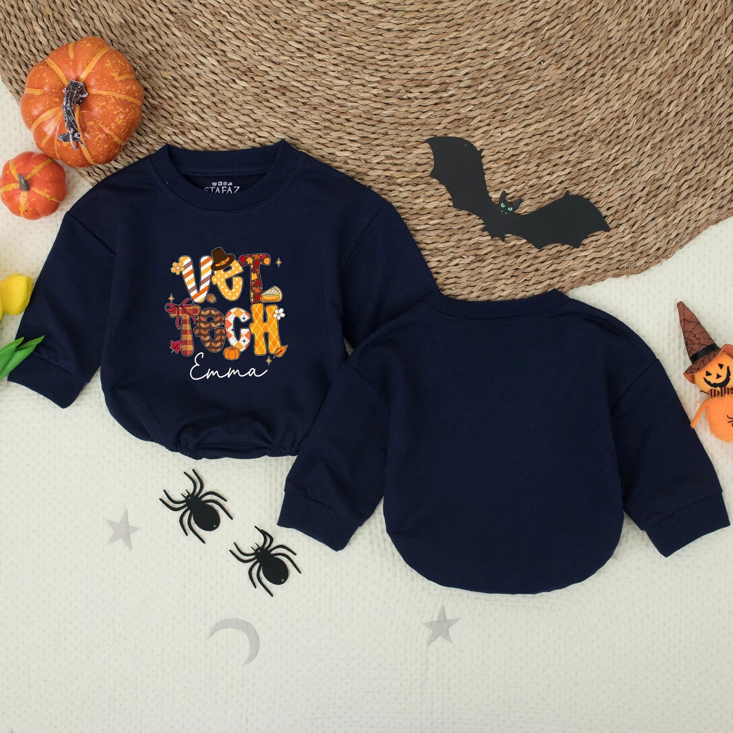 Custom Vet Tech Fall Pattern Bubble Romper Baby Girl Outfit Personalized with Emma, Festive Thanksgiving Bodysuit with Pumpkin Leaf Designs
