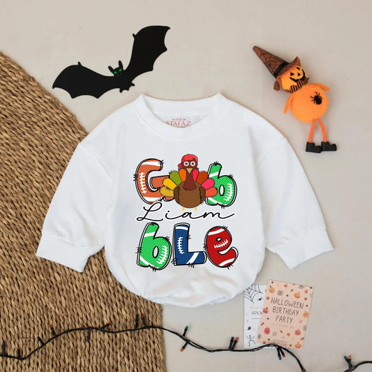 Personalized Baby Gobble Turkey Thanksgiving Bubble Romper with Name Football Letter Design Festive Colorful First Thanksgiving Outfit