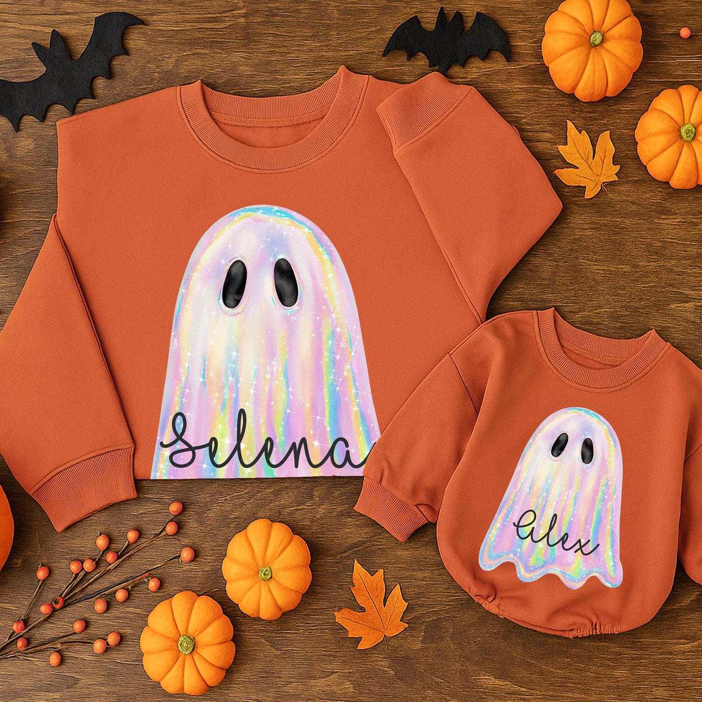 Iridescent Glitter Ghost Sweatshirt: Cute Spooky Season Crewneck for Toddler Girls, Shimmering Halloween Outfit, Pastel Rainbow Hues, Festive Style (138)