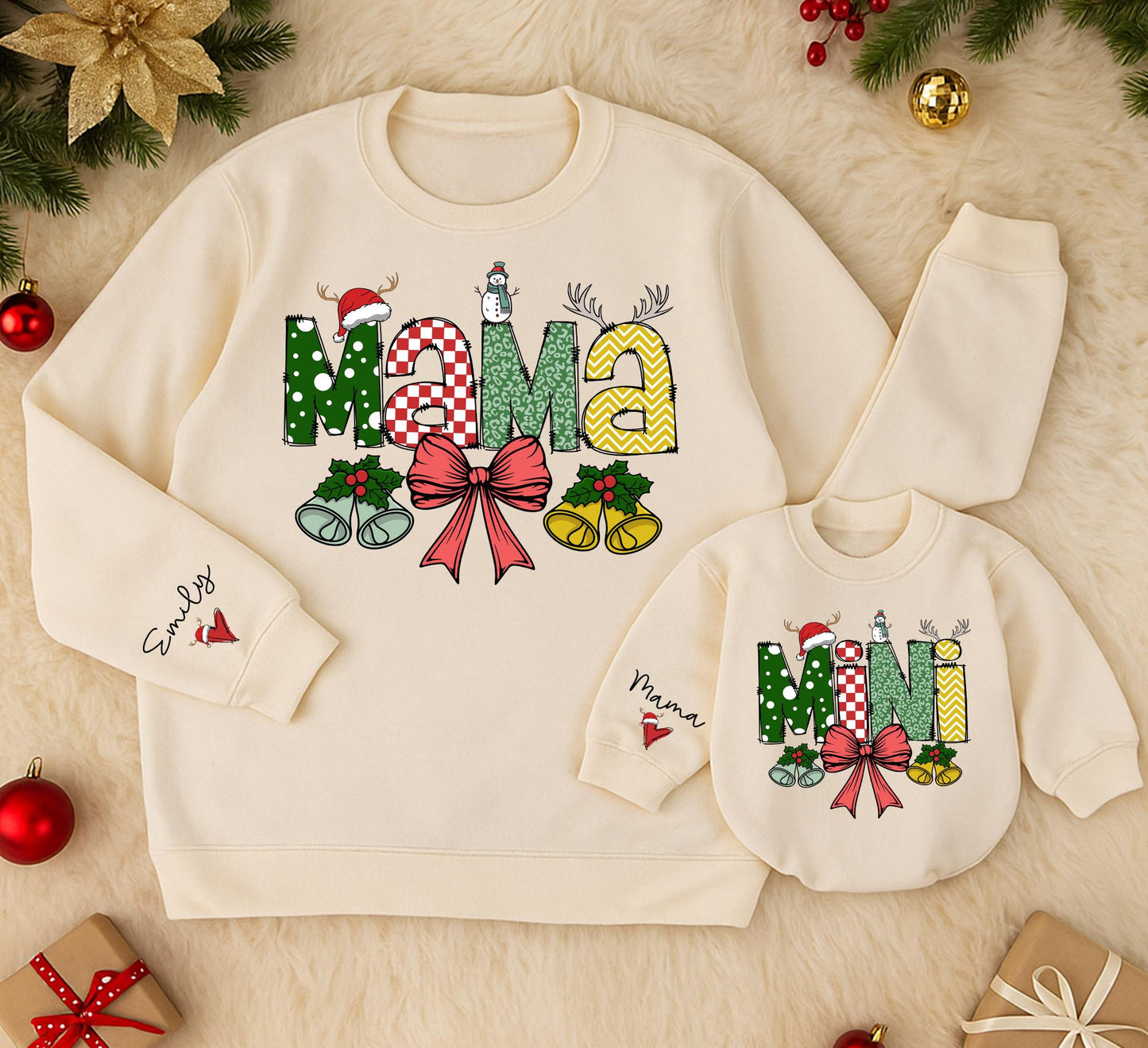 Personalized Mama Mini Matching Christmas Sweatshirts Festive Polka Dot Checks Reindeer Antlers Daughter Kid Outfit Baby Girl Romper Gift