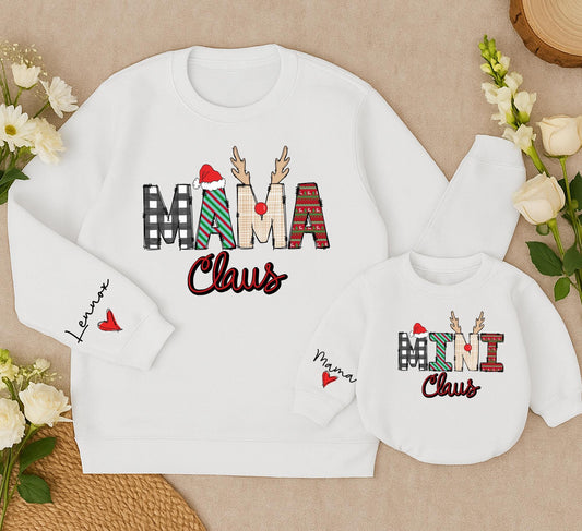 Personalized Mama Claus & Mini Claus Matching Family Christmas Sweatshirts with Plaid Antlers & Santa Hat - Cozy Holiday Outfits for Mom and Daughter