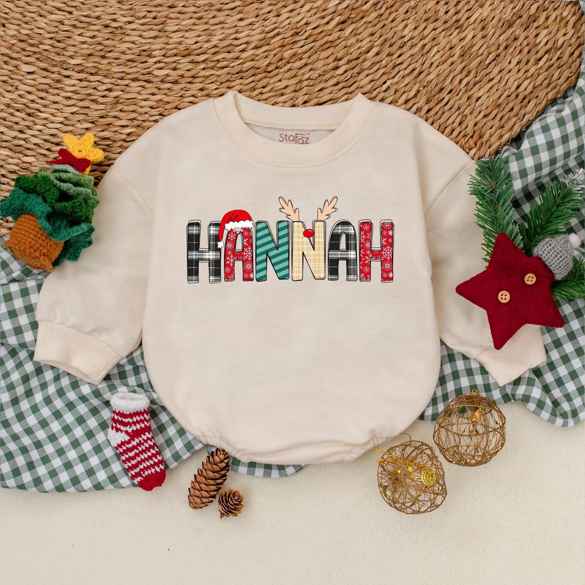 HANNAH Christmas Romper: Festive Name Outfit! Baby's 1st Holiday Sweatshirt Romper, Cute Reindeer Plaid Letters, Newborn Gift, Unique Xmas Clothes (136 chars)