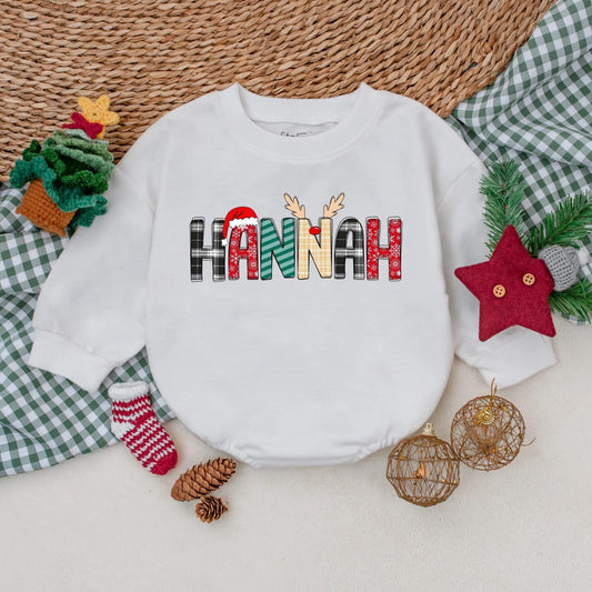 HANNAH Christmas Romper: Festive Name Outfit! Baby's 1st Holiday Sweatshirt Romper, Cute Reindeer Plaid Letters, Newborn Gift, Unique Xmas Clothes (136 chars)