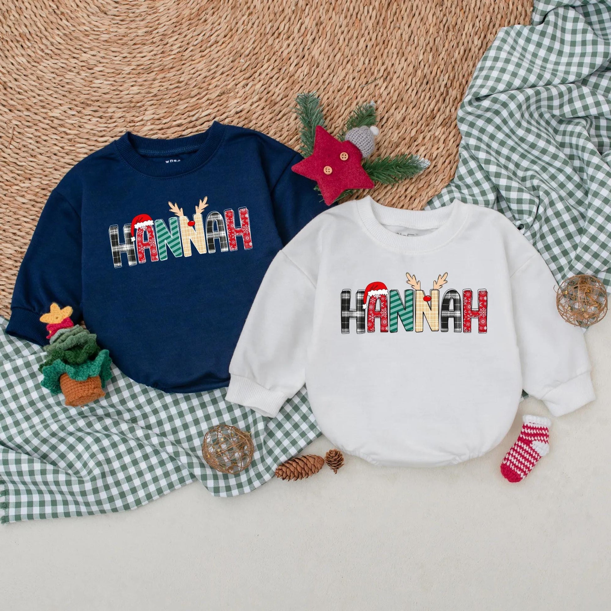 HANNAH Christmas Romper: Festive Name Outfit! Baby's 1st Holiday Sweatshirt Romper, Cute Reindeer Plaid Letters, Newborn Gift, Unique Xmas Clothes (136 chars)