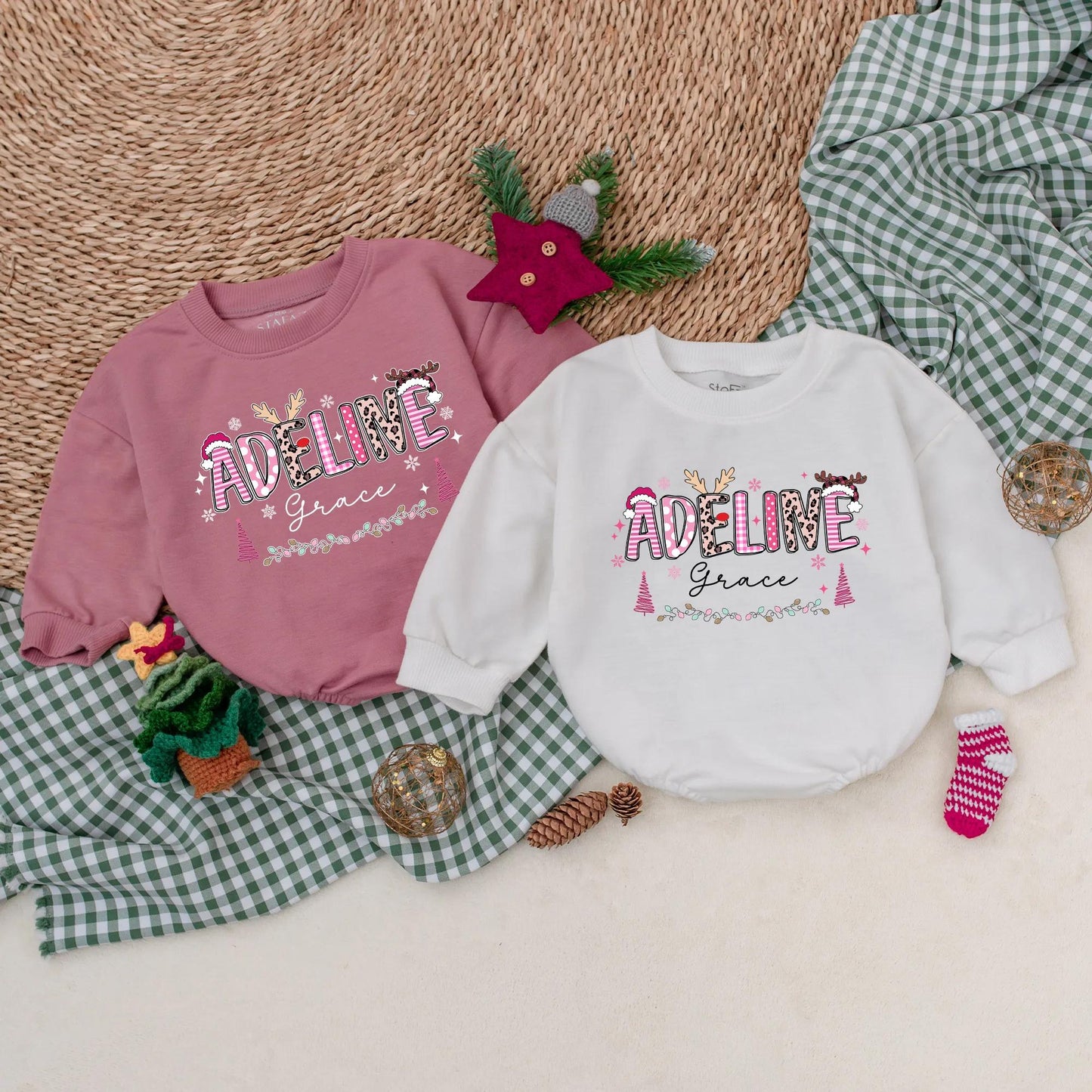 Personalized Pink Christmas Romper Baby Girl Holiday Outfit Custom Name Sweatshirt Cute Xmas Gift First Christmas Present Soft Cotton 1st Birthday 139chars