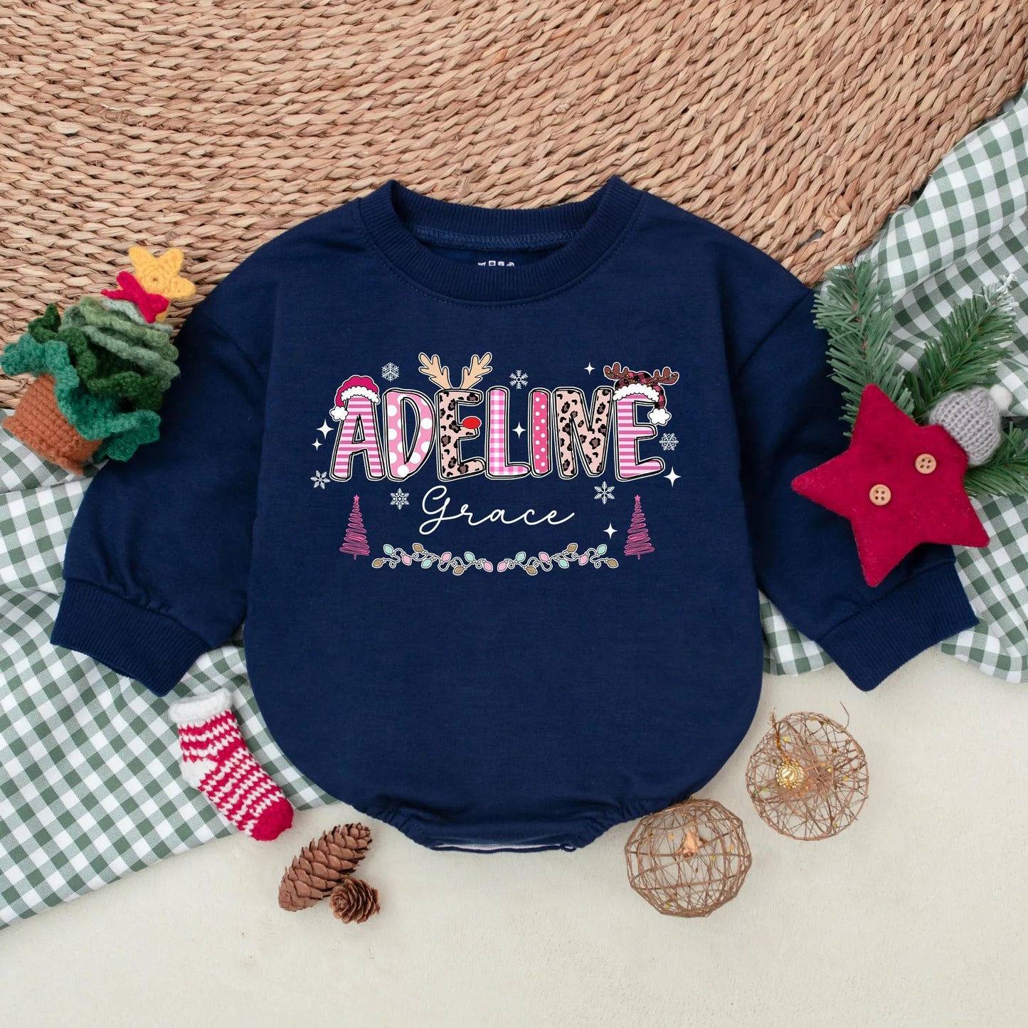 Personalized Pink Christmas Romper Baby Girl Holiday Outfit Custom Name Sweatshirt Cute Xmas Gift First Christmas Present Soft Cotton 1st Birthday 139chars