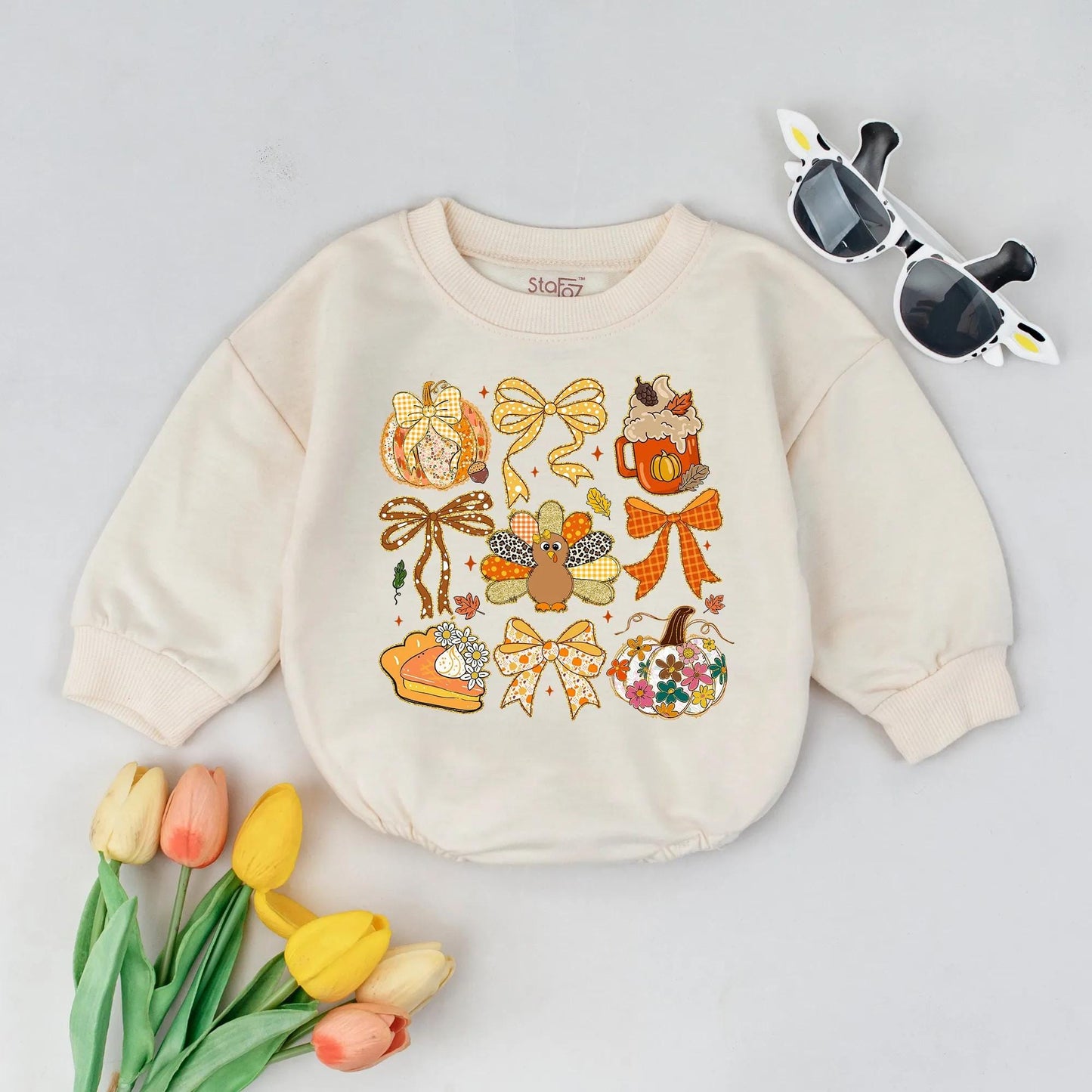 Whimsical Fall Bubble Romper for Babies Girls Boys with Pumpkin Pie Turkey & Floral Gingham Patterns Autumn Baby Shower Gift Cozy Celebration Outfit