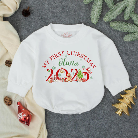 Personalized My First Christmas Romper for Baby Olivia, 2025 Holiday Outfit, Cute Christmas Tree & Cartoon Icons Red and Green Newborn Sweatshirt 138 chars