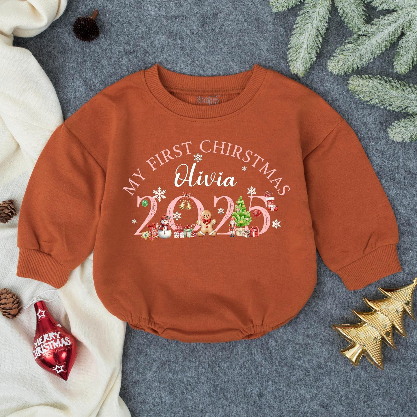 Personalized My First Christmas Romper for Baby Olivia, 2025 Holiday Outfit, Cute Christmas Tree & Cartoon Icons Red and Green Newborn Sweatshirt 138 chars
