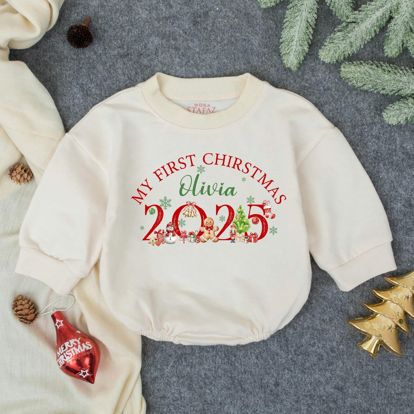 Personalized My First Christmas Romper for Baby Olivia, 2025 Holiday Outfit, Cute Christmas Tree & Cartoon Icons Red and Green Newborn Sweatshirt 138 chars