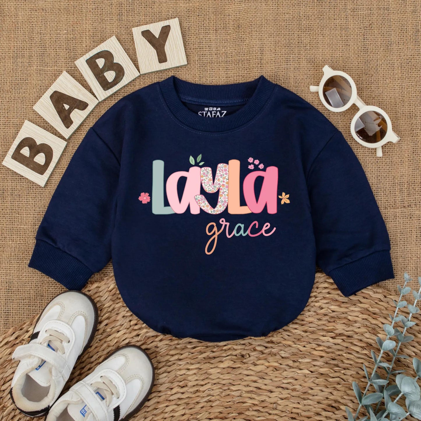 Layla Grace Bubble Romper Baby Girl Floral Name Outfit Custom Pastel Font Sweet Whimsical Infant Clothes Coming Home Gift