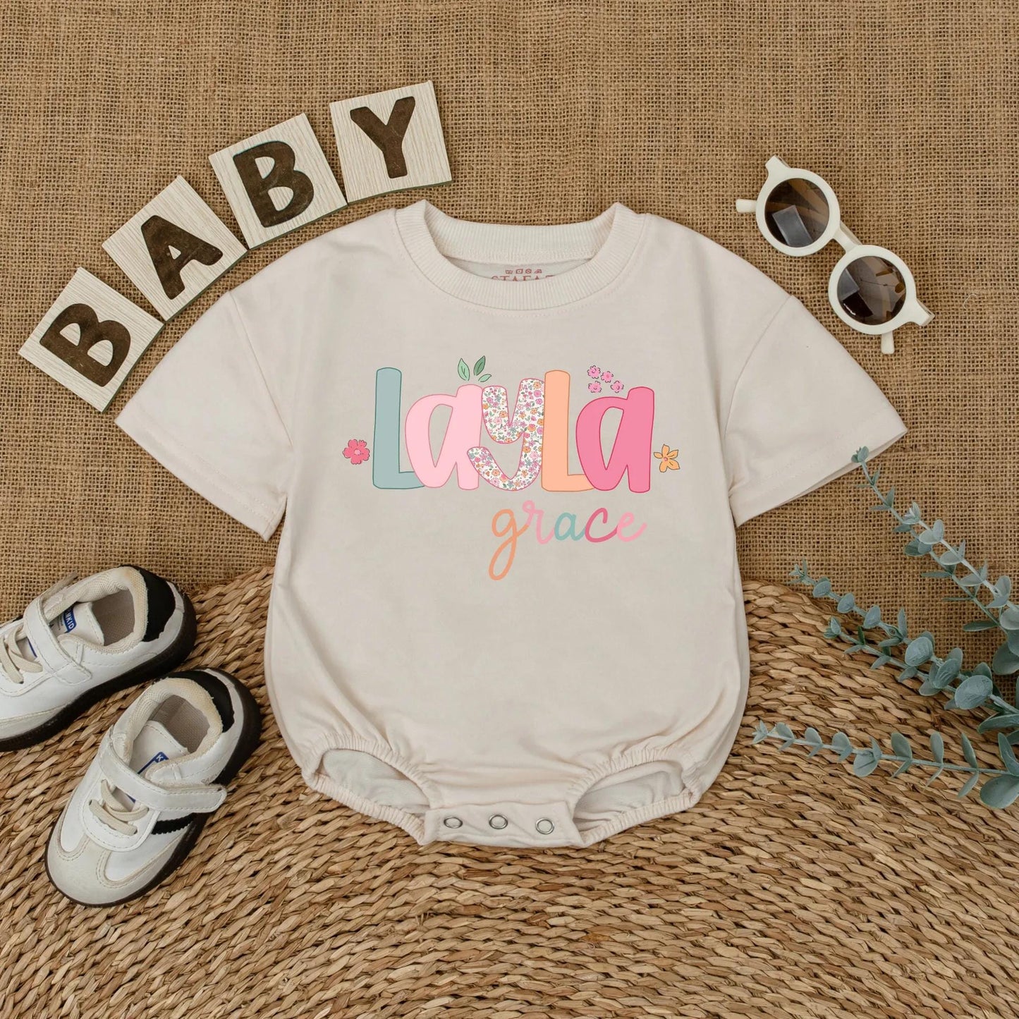 Layla Grace Bubble Romper Baby Girl Floral Name Outfit Custom Pastel Font Sweet Whimsical Infant Clothes Coming Home Gift
