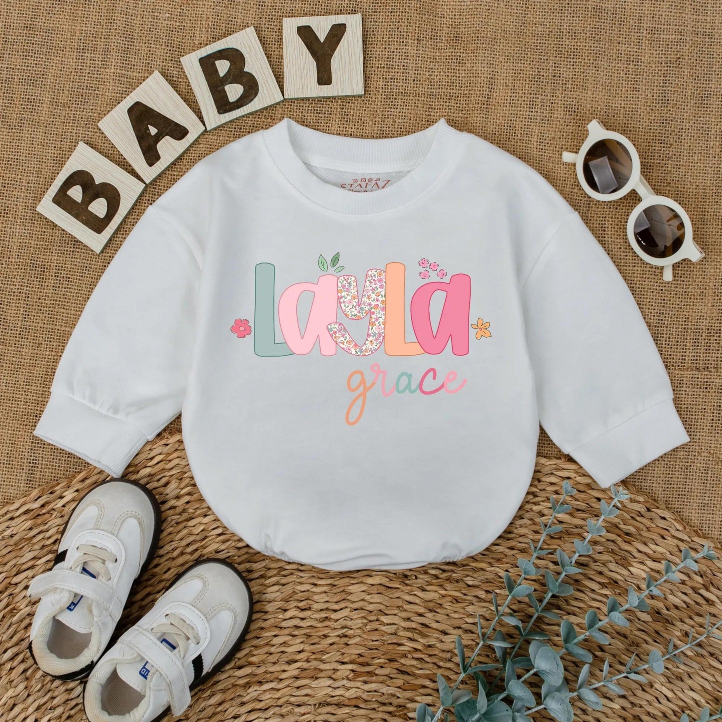 Layla Grace Bubble Romper Baby Girl Floral Name Outfit Custom Pastel Font Sweet Whimsical Infant Clothes Coming Home Gift