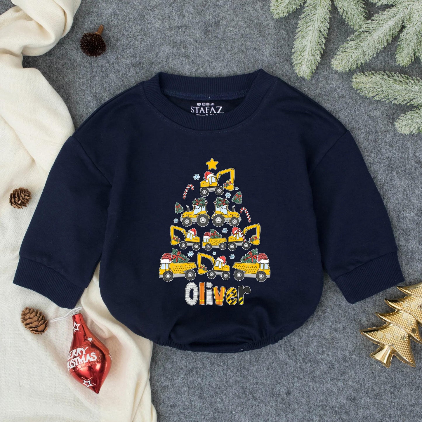 Personalized Excavator Boy Bubble Romper Christmas Baby Boy Outfit, Winter Clothes Baby Shower Gift, Custom Holiday Bodysuit